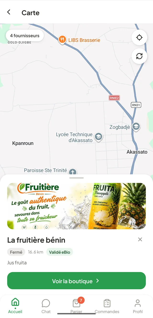 La carte eBio autour de Cotonou avec la fiche d’une boutique validée et sa distance