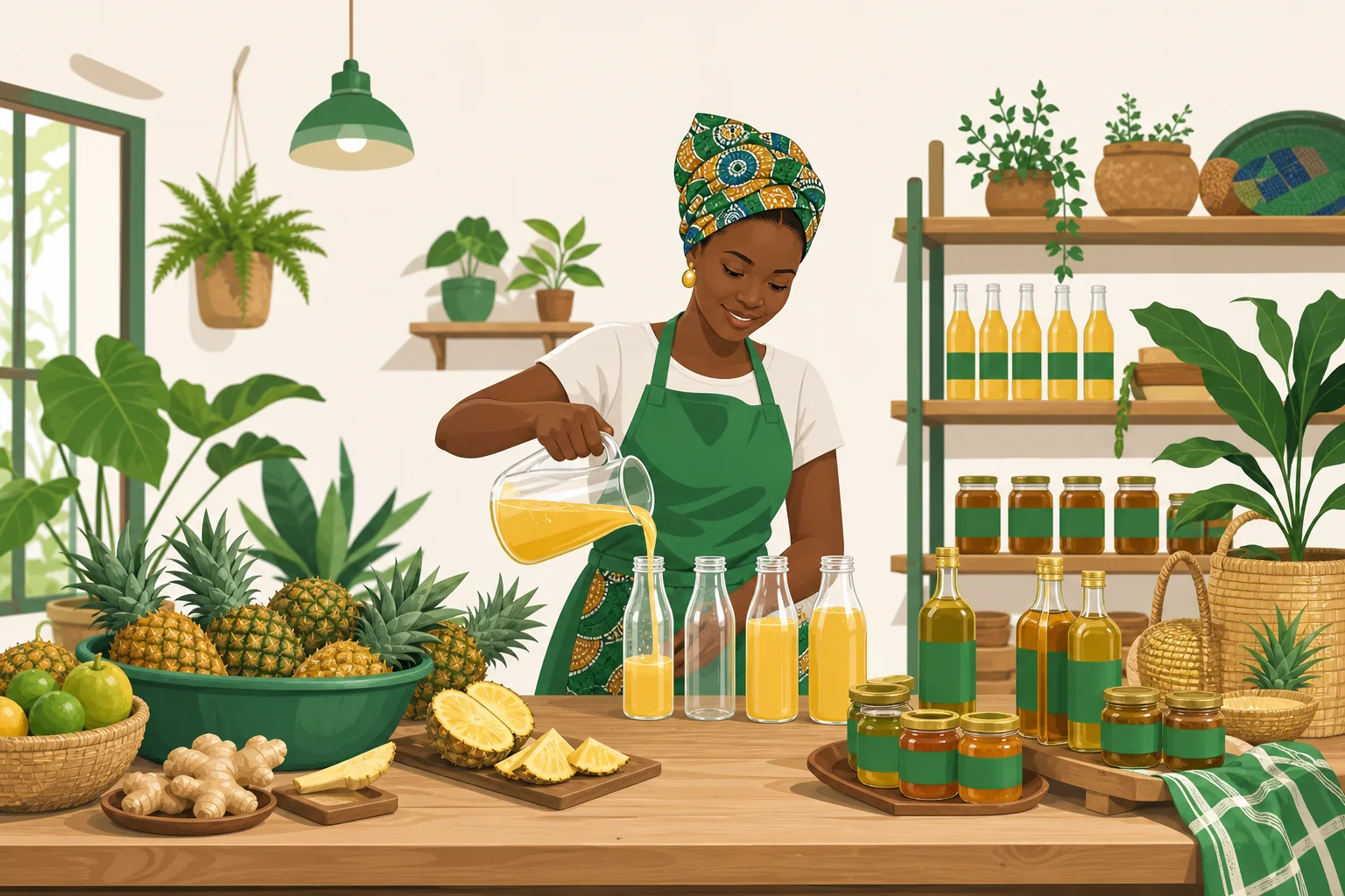 Dans son atelier, une transformatrice embouteille du jus d’ananas frais ; ses bocaux et huiles remplissent les étagères